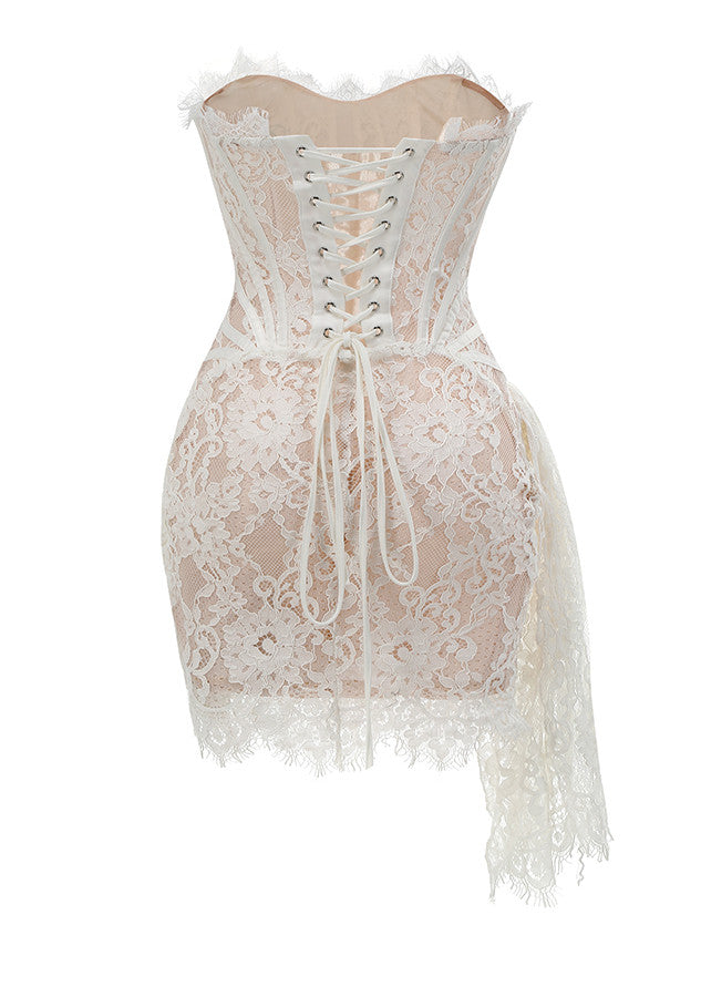 Strapless Lace Draped Corset Dress White