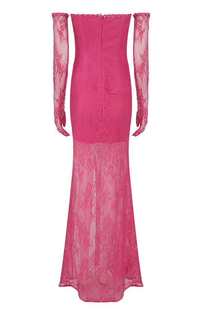 Strapless Lace Corset Maxi Dress Hot Pink