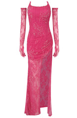 Strapless Lace Corset Maxi Dress Hot Pink
