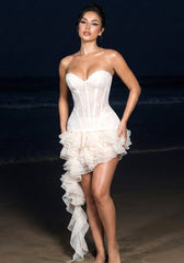 Strapless Lace Corset Ruffle Dress Ivory
