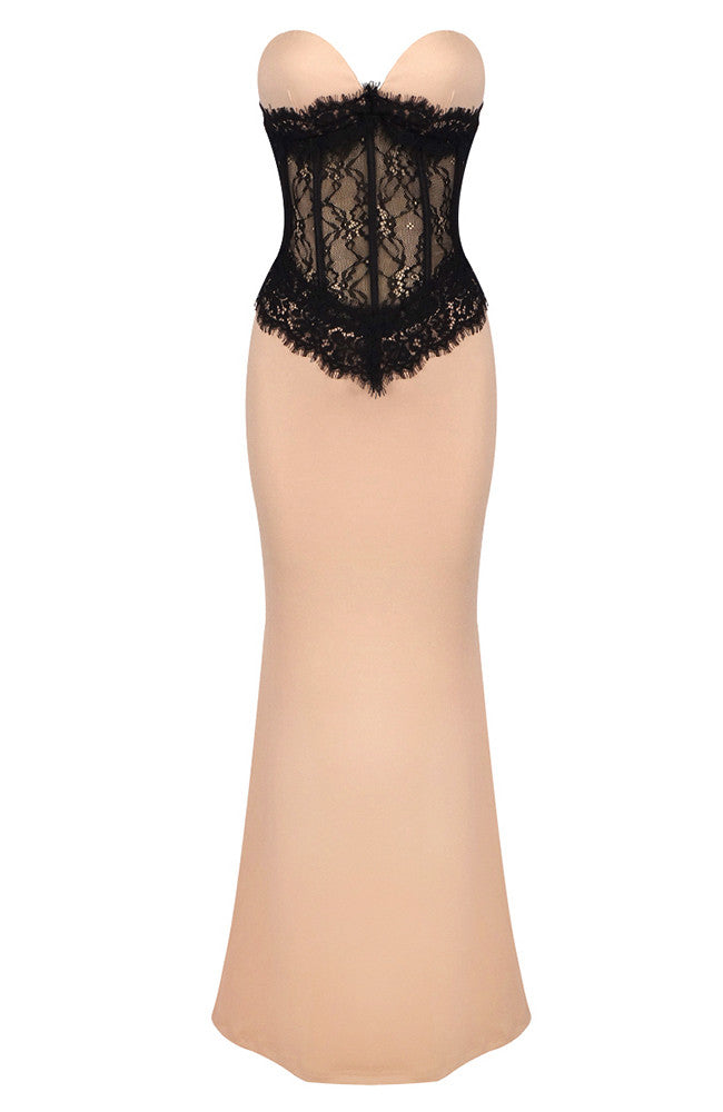 Strapless Lace Insert Maxi Dress Nude Black