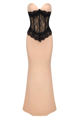 Strapless Lace Insert Maxi Dress Nude Black