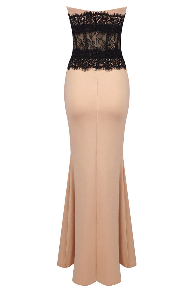 Strapless Lace Insert Maxi Dress Nude Black