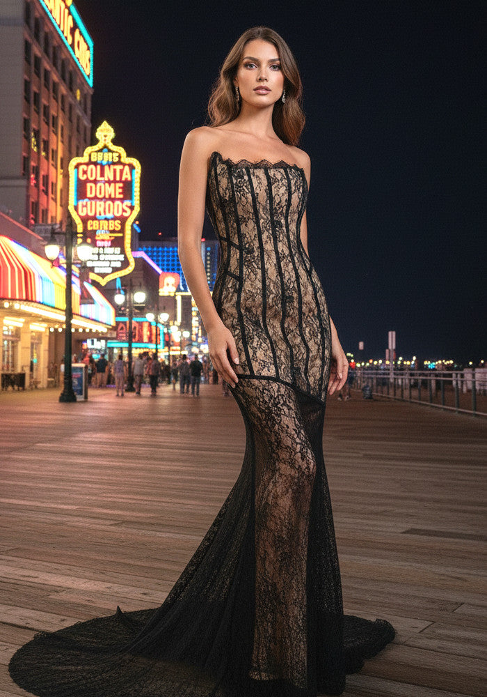 Strapless Lace Insert Maxi Dress Black