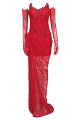 Strapless Lace Corset Maxi Dress Red