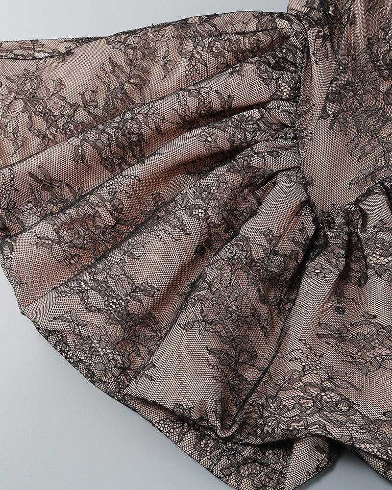 Strapless Floral Lace Puff Dress Taupe