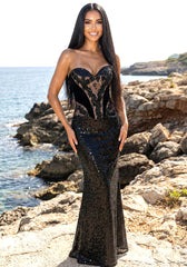 Strapless Lace Sequin Maxi Dress Black