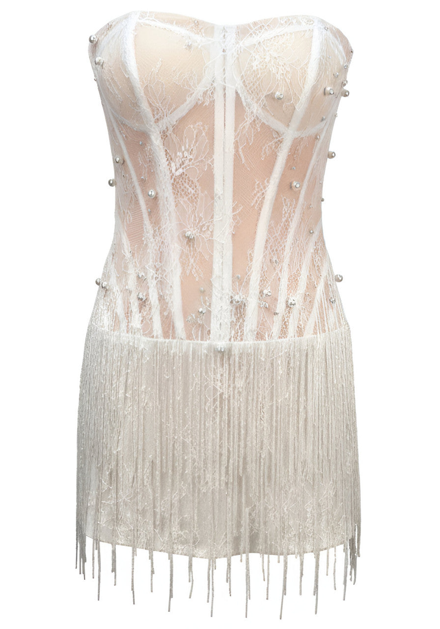 Strapless Lace Tassel Dress White