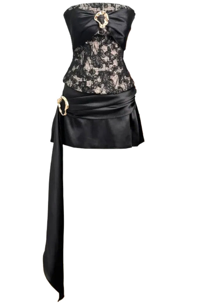 Strapless Lace Corset Draped Two Piece Dress Black