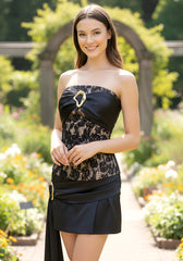 Strapless Lace Corset Draped Two Piece Dress Black