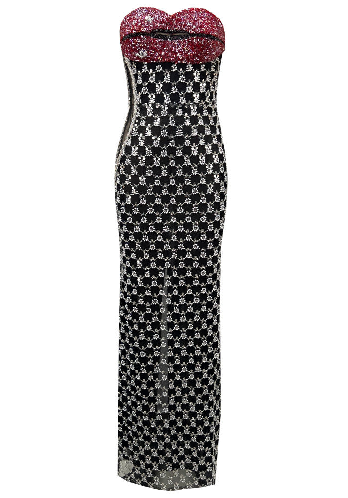 Strapless Crystal Lips Maxi Dress Red Black