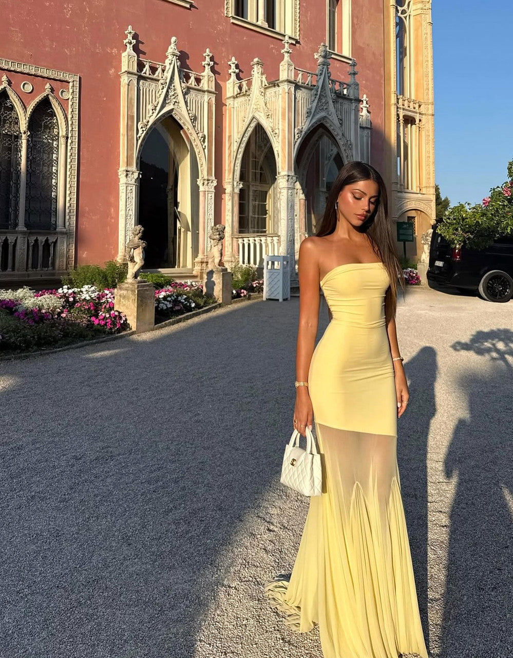 Strapless Mermaid Mesh Maxi Dress Yellow
