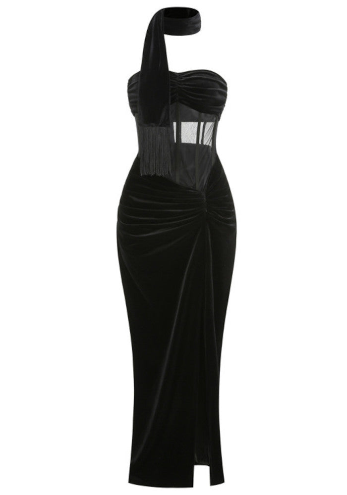 Strapless Mesh Insert Maxi Velvet Dress Black