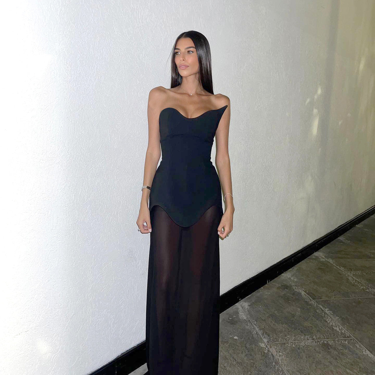 Strapless Mesh Maxi Dress Black