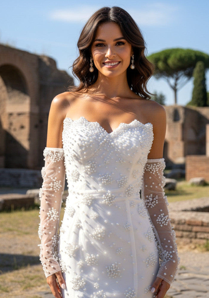 Strapless Pearl Bustier Dress White