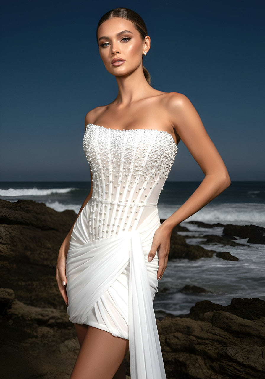 Strapless Pearl Draped Corset Dress White