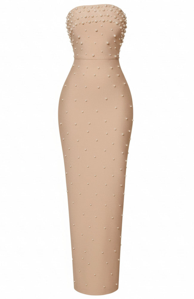 Strapless Pearl Embellished Maxi Dress Nude
