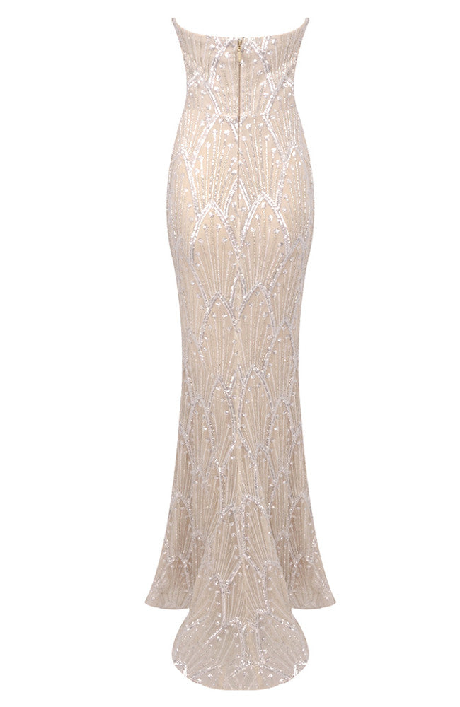 Strapless Pearl Sequin Bustier Maxi Dress Nude