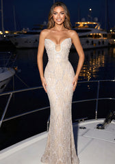 Strapless Pearl Sequin Bustier Maxi Dress Nude