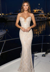 Strapless Pearl Sequin Bustier Maxi Dress Nude