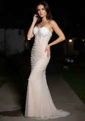 Strapless Pearl Sequin Corset Maxi Dress Nude