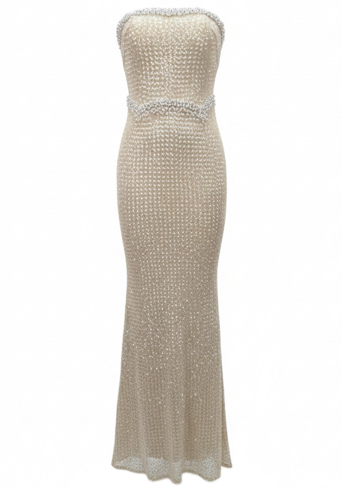 Strapless Pearl Detail Sequin Maxi Dress Gold