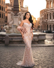 Strapless Pearl Sequin Embellished Maxi Dress Nude