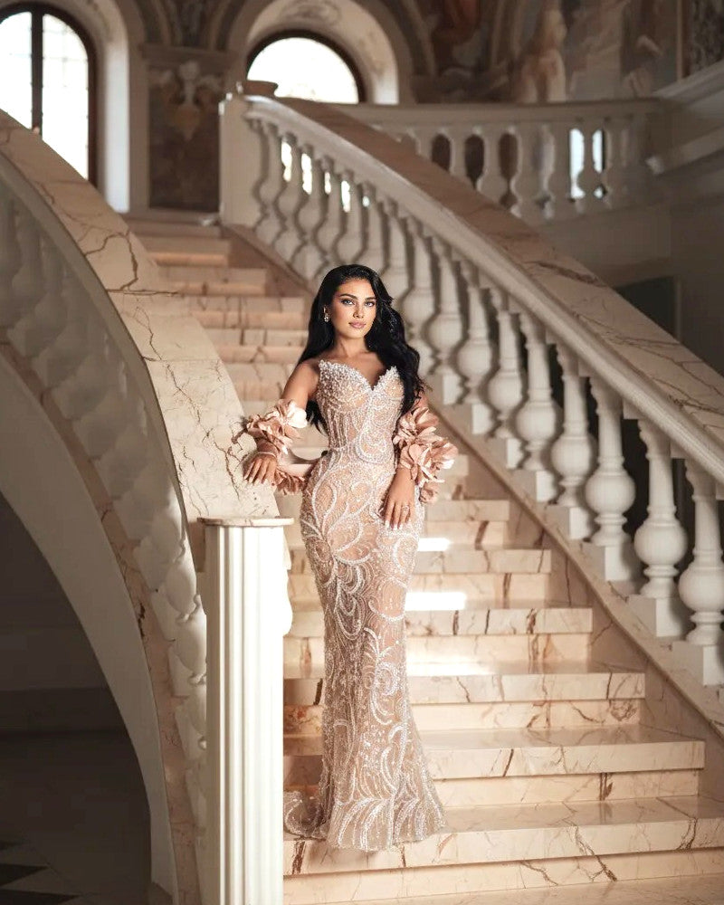 Strapless Pearl Sequin Embellished Maxi Dress Nude