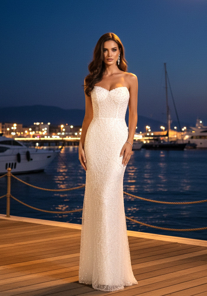 Strapless Pearl Sequin Maxi Dress White