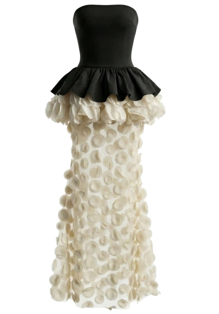 Strapless Peplum Petal Maxi Dress Black Ivory