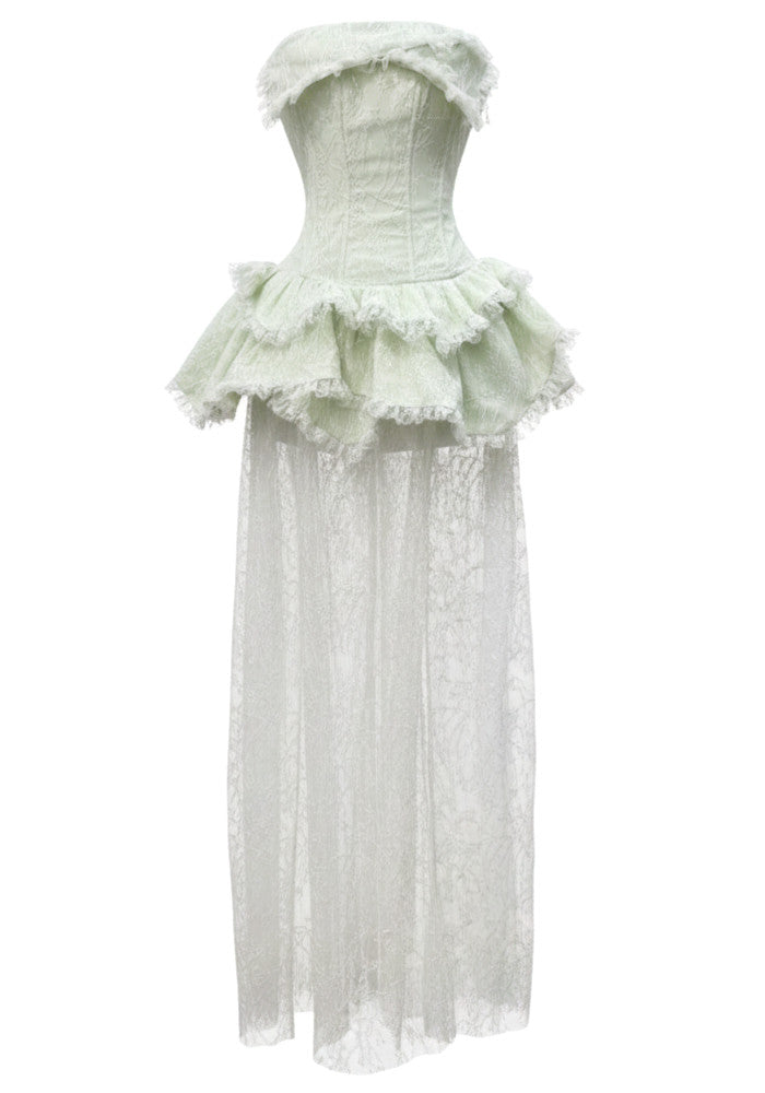Strapless Peplum Lace Maxi Dress Green White