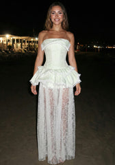 Strapless Peplum Lace Maxi Dress Green White