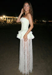 Strapless Peplum Lace Maxi Dress Green White
