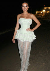 Strapless Peplum Lace Maxi Dress Green White