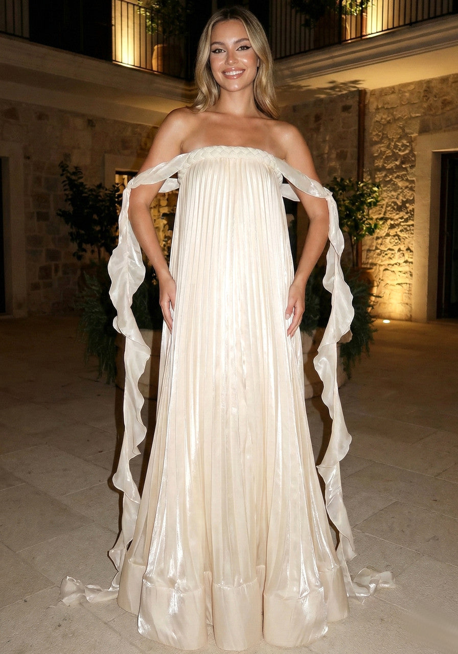 Strapless Pleated A Line Maxi Dress Ivory