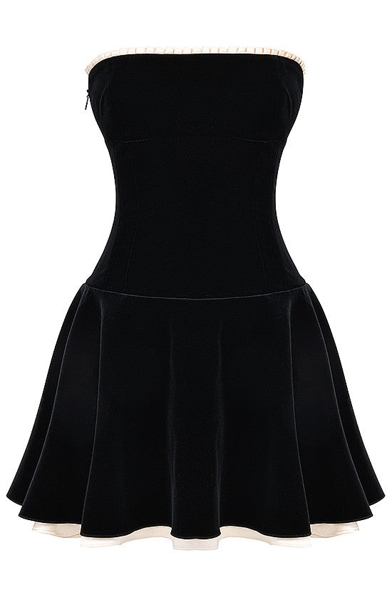 Strapless Pleated A Line Velvet Dress Black