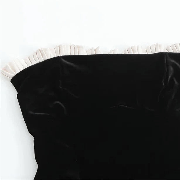 Strapless Pleated A Line Velvet Dress Black