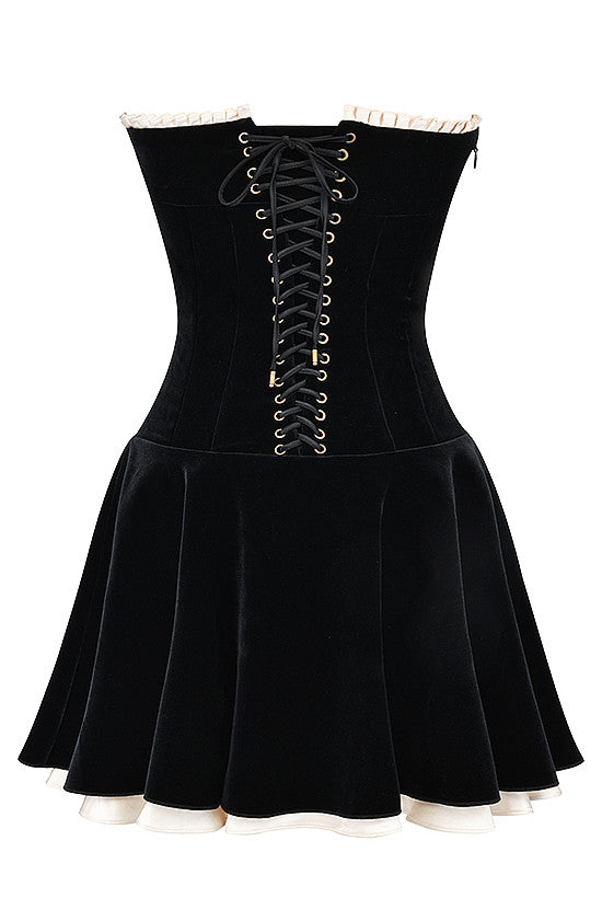 Strapless Pleated A Line Velvet Dress Black