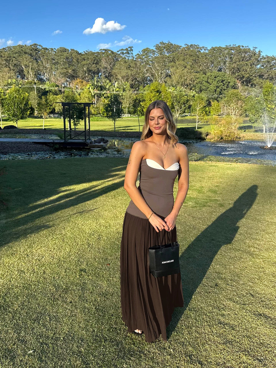 Strapless Pleated A Line Maxi Dress Brown