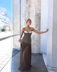 Strapless Pleated A Line Maxi Dress Brown