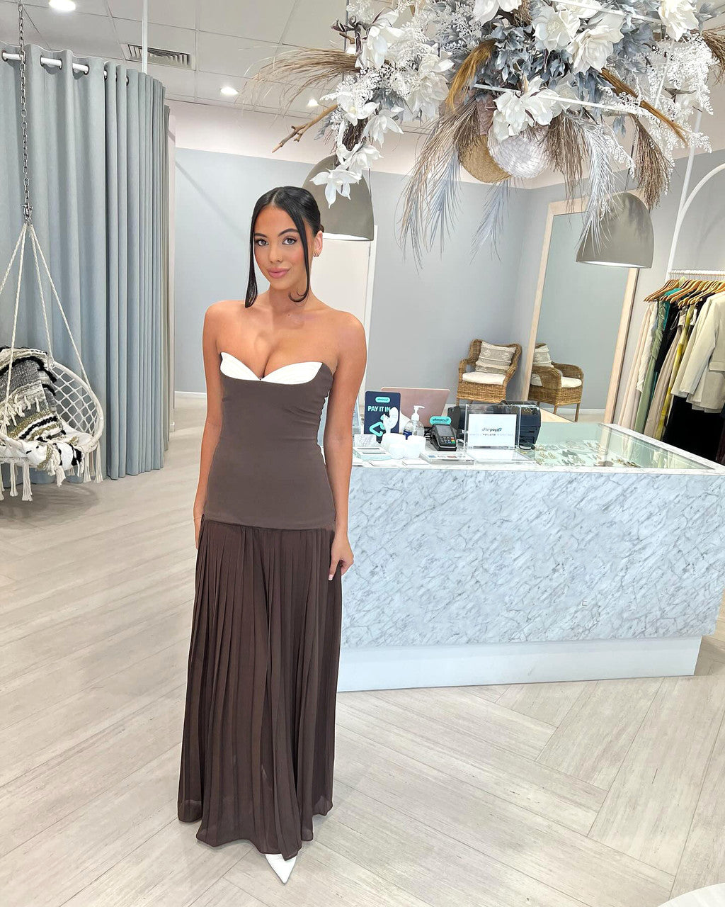 Strapless Pleated A Line Maxi Dress Brown