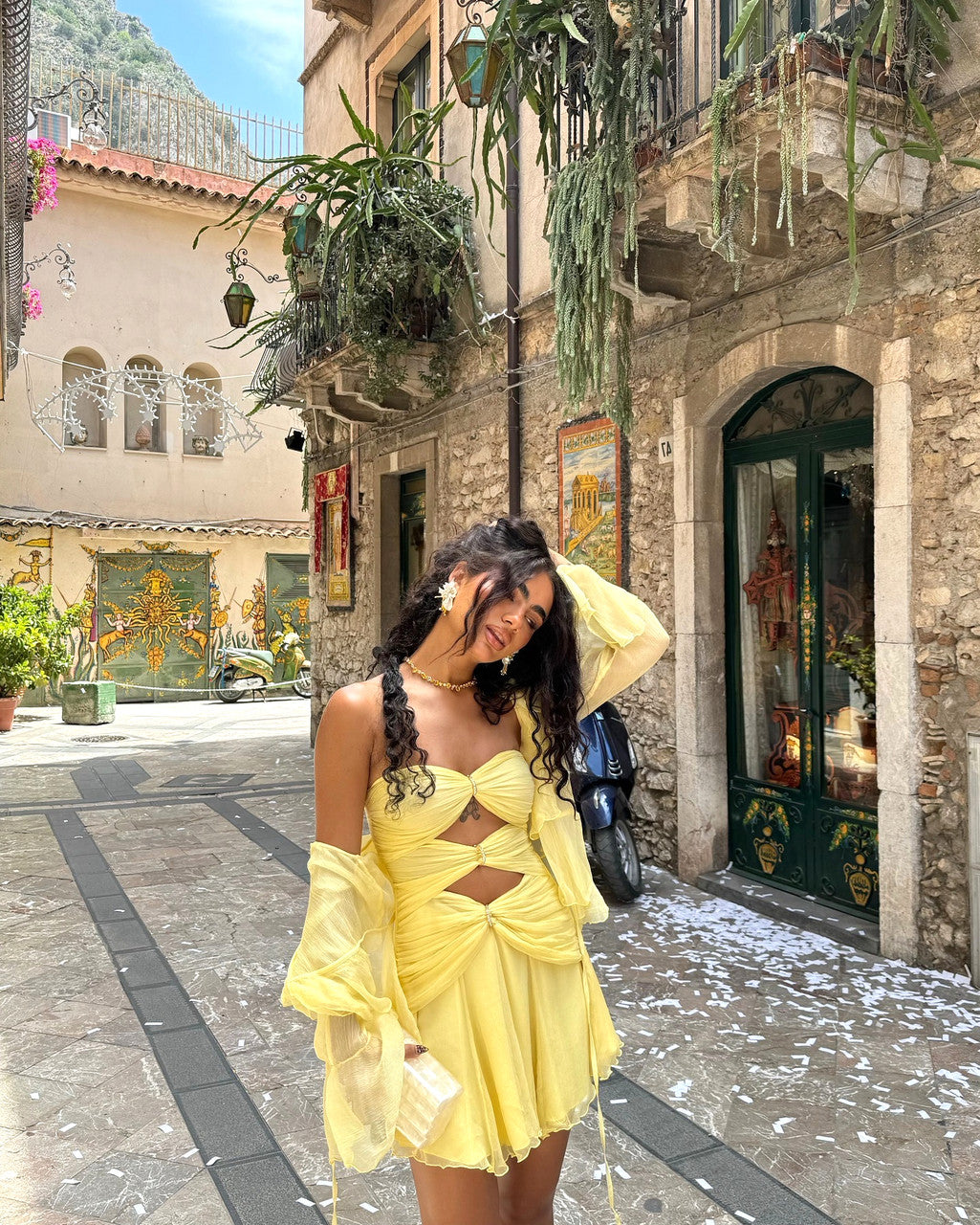 Strapless Ruched A Line Dress Yellow