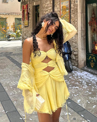 Strapless Ruched A Line Dress Yellow