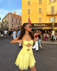 Strapless Ruched A Line Dress Yellow