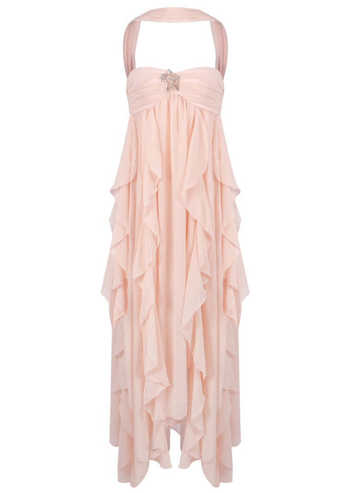 Strapless Ruffle Maxi Dress Nude Pink