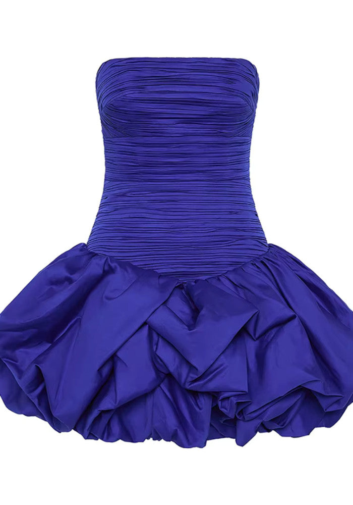 Strapless Ruched Puff Dress Blue