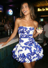 Strapless Ruched Puff Dress Floral Blue