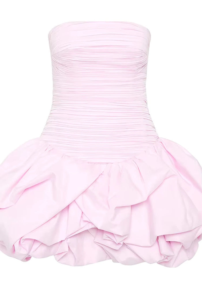 Strapless Ruched Puff Dress Pink
