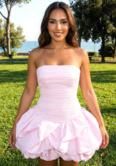 Strapless Ruched Puff Dress Pink