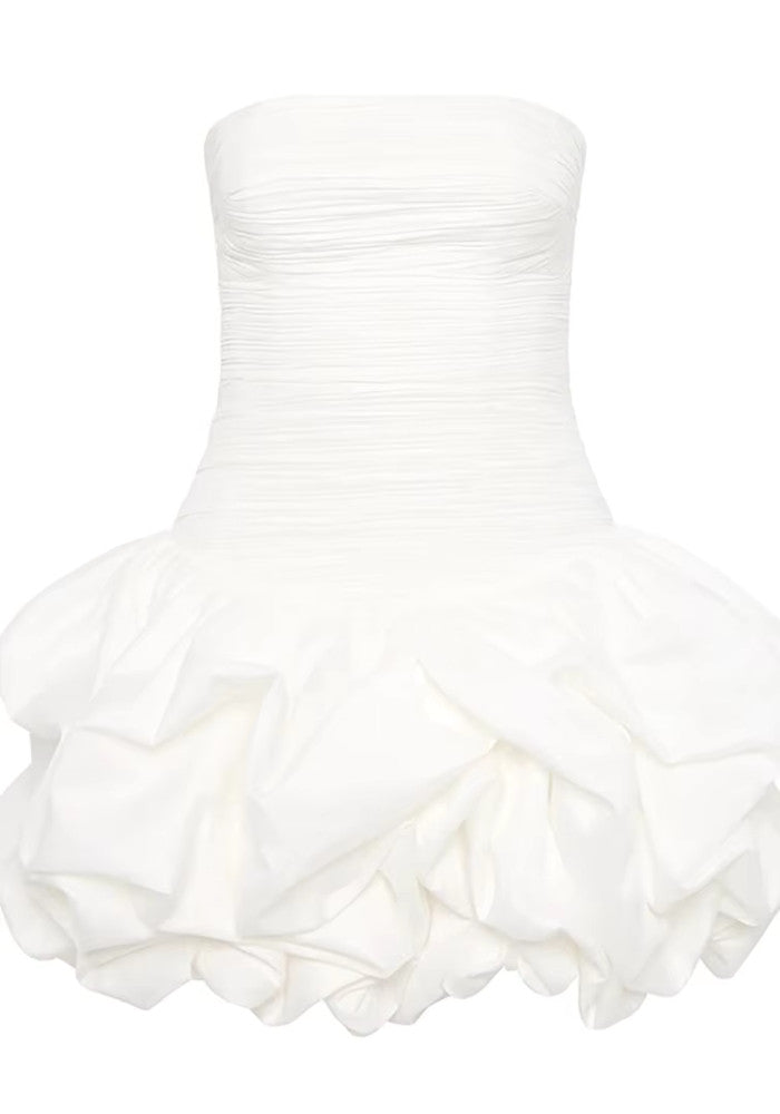 Strapless Ruched Puff Dress White
